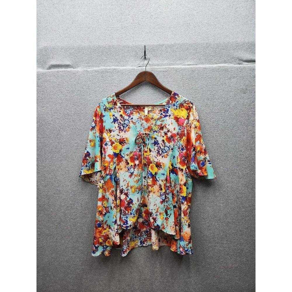 Colorful Floral Print Womens Tunic Blouse XL By Leinault  Flowing Short Sleeve &